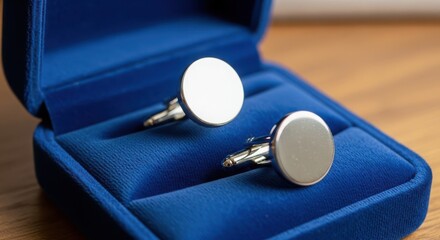 A pair of elegant silver cufflinks displayed in a luxurious blue velvet box, perfect for adding a touch of sophistication to any outfit