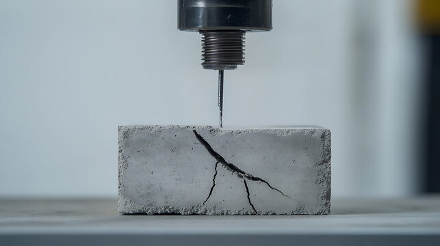 A testing apparatus plunges into a grey concrete block, showcasing the material's breaking point as cracks radiate from the impact zone, set against a minimalist background.