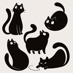 Chunky Black Cat Characters Collection on Simple Background