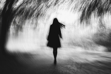 Silhouette of a woman walking in a park, black and white photo with blur effect
