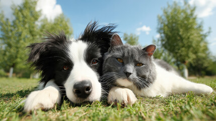 Fototapeta premium Happy border collie dog and domestic cat cuddling together on green grass. peaceful pet friendship and love shown outdoor on sunny day