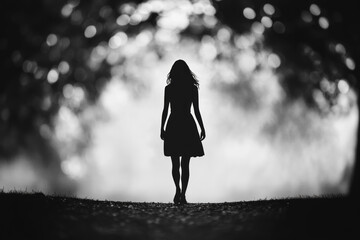 Silhouette of a woman walking in a park, black and white photo with blur effect
