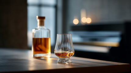 Whiskey bottle and glass on a table in a softly lit room