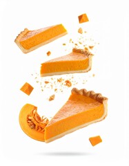 Flying pumpkin pie slices with crumbs isolated on white background