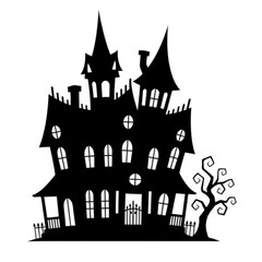 Classic Haunted House Silhouette Icon: Spooky Horror Mansion Halloween Backdrop Vector PNG