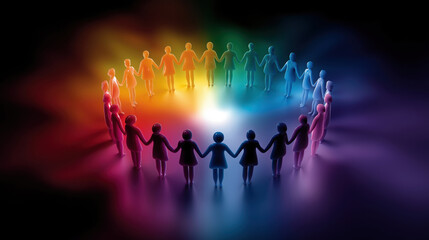 People united in a colorful circle of light during an event