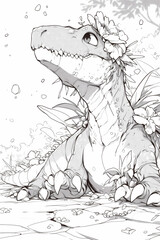 Dinosaur with flowers coloring page for kids and adults alike
