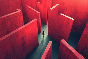 Woman Walking Through Abstract Red Maze in Surreal Environment