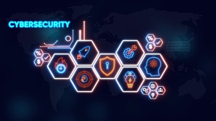 Cybersecurity Concept with Neon Hexagons and World Map protection data
