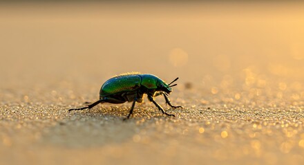 Fototapeta premium Close up of a vibrant green beetle on sandy surface in soft sunlight