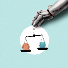 Creative art collage depicting a robot hand holding the scales of justice. Concept of artificial intelligence in the legal and judicial system. Symbol of fairness and technology.