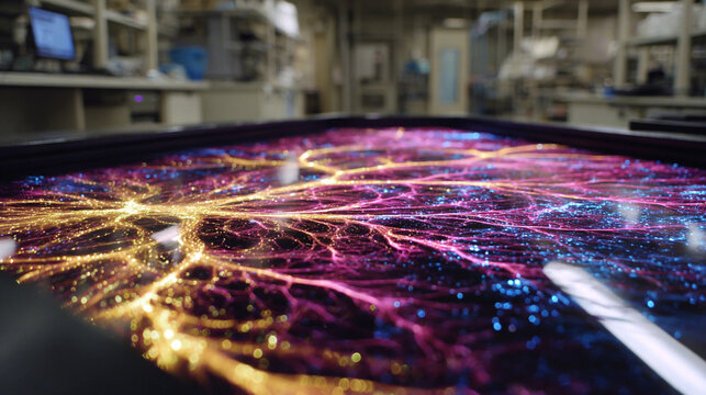 The projected neural network represents the unfolding of complex algorithms and the tangible manifestation of abstract data. It signifies the convergence of human intellect and machine learning, illum