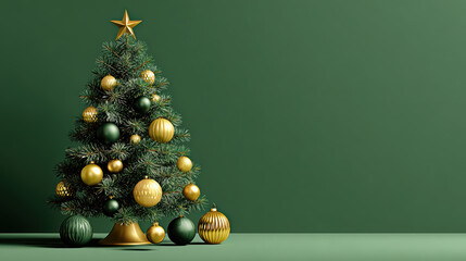 Festive Christmas tree decoration with golden ornament and star on simple green background. Joyful winter holiday celebration concept