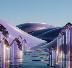 Abstract water drops and glass shapes on liquid surface, surreal 3D render with blue and pink colors