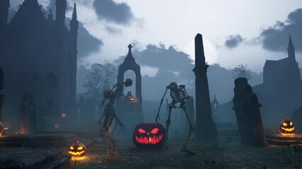 Haunted Cemetery with Dancing Skeletons and Jack-O’-Lanterns on Halloween Night - Powered by Adobe