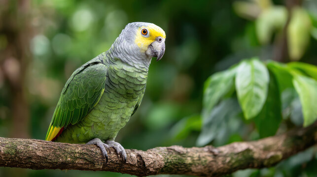 Calm green parrot, an exotic bird perched on tree branch in vibrant tropical jungle. This wild animal looks curious in its natural habitat