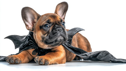 Obraz premium Cute and playful french bulldog puppy dog in black bat costume for halloween. Adorable pet lying down posing on white background