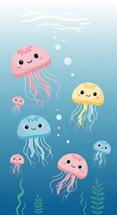 Cute Jellyfish Floating in the Blue Ocean