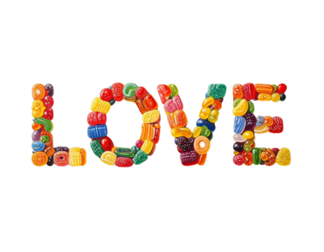 Vibrant LOVE Word Made from Assorted Colorful Candies and Gummies, Isolated on White Background