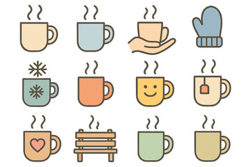 Cozy tea and coffee cups collection with hand and winter themed elements