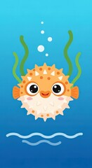 Cute Pufferfish Swimming Underwater Among Seaweed