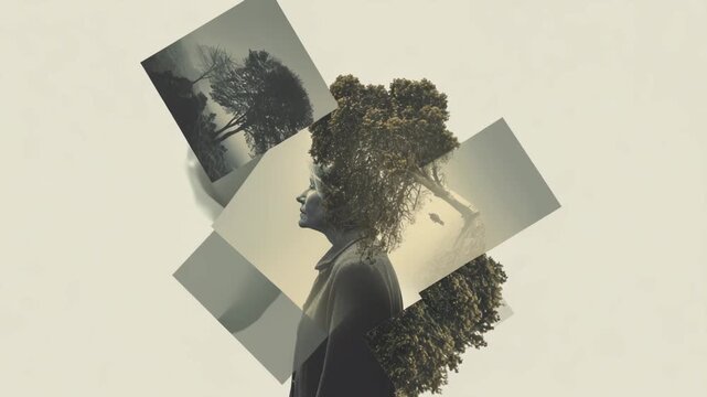 3D animation in collage style showing elderly woman surrounded by nature, soft colors and balance express mental health