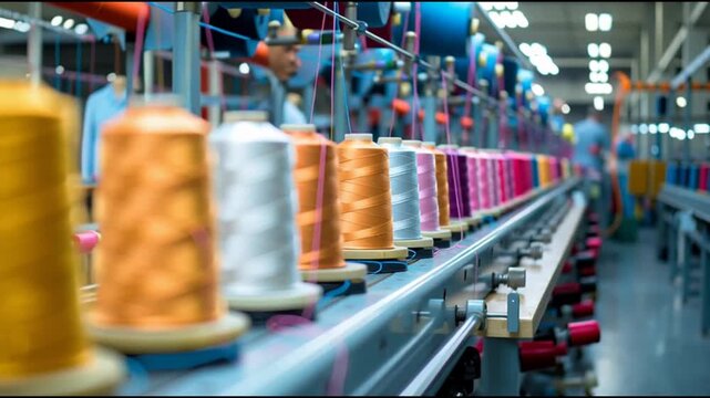 Industrial Threads: Vibrant spools of thread are lined up along a production line in a photorealistic depiction of industry and the creation process. Capture the essence of industrial production.