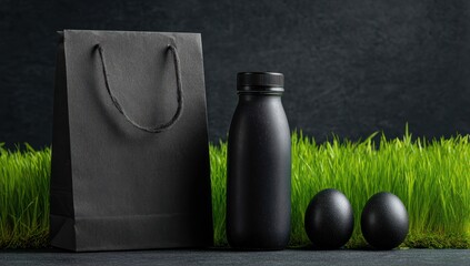 A minimalist presentation of a black paper shopping bag, a black bottle, and two black spheres, set against a backdrop of vibrant green grass.