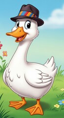 Charming Goose Wearing a Stylish Hat in a Meadow