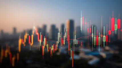 Dynamic financial stock market chart for trading and investment over cityscape background, showing economy and future business trends