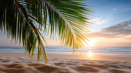 Serene palm leaf frames beautiful romantic sunset over tropical beach with calm ocean water lapping sandy coast