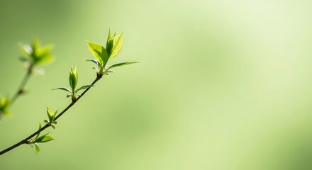 Delicate green shoots unfurl on a thin branch against a soft green background