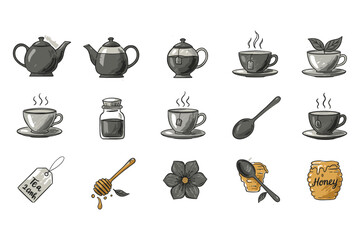 Charming tea set sketch with teapots, cups, honey, and floral elements