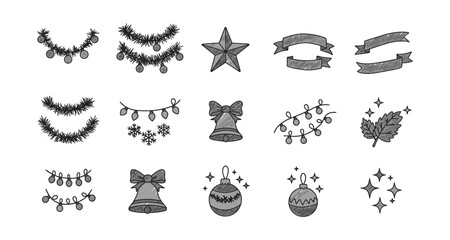 Hand-drawn festive christmas icons with garland, bells, and snowflakes