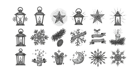 Hand-drawn christmas elements: lanterns, stars, and festive decor