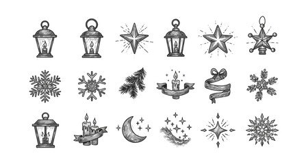 Hand-drawn vintage christmas lanterns, stars, and snowflake elements