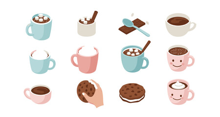 Cute cartoon hot chocolate and mug collection for winter designs
