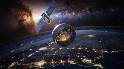Satellite orbits earth with a mysterious sphere above city lights satellite