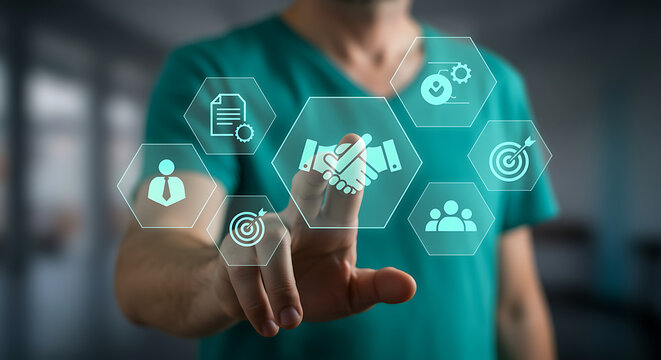 Man pointing at business partnership concept on a screen, illustrating collaboration, agreement, and teamwork in achieving common goals and success