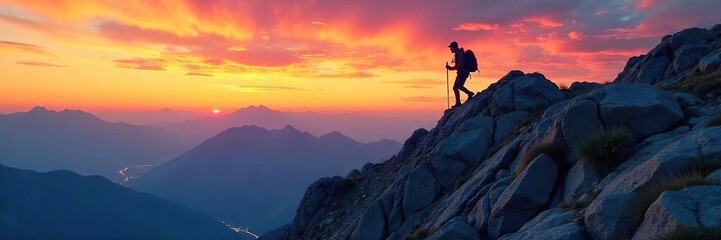 Silhouetted Hiker Conquers Majestic Mountain Peak at Sunset, showcasing breathtaking vista and rugged terrain during a challenging climb.
