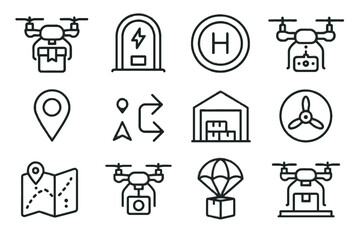 Route delivery arrows camera remote drone pad charging icon navigation vector
