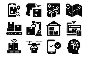 Vector barcode warehouse digital tracking icon ai inventory planning logistics drone icons