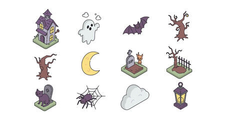 Spooky isometric halloween elements with haunted house and ghostly characters