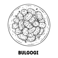 Bulgogi sketch. Korean food. Hand drawn vector illustration. Top view.