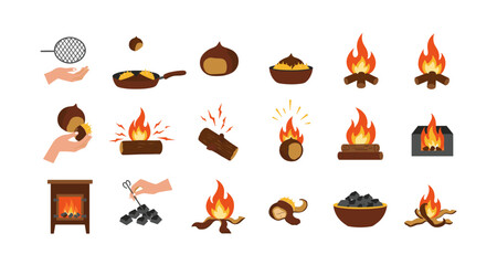 Chestnut roasting and campfire essentials: flat icons of fire, flames, and cooking elements