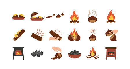 Flat style roasting chestnuts icons set with fire and cooking elements