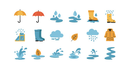 Flat icons of rainy weather essentials and puddle patterns