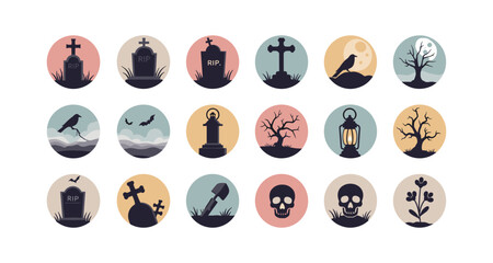 Halloween graveyard icons set with tombstones, ravens, and lanterns in circle design
