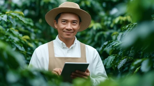 Blockchain coffee traceability system interface, farmer scanning beans with QR code scanner, digital farm records overlay.","Blockchain, coffee traceability