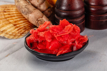Pickled red ginger in the bowl